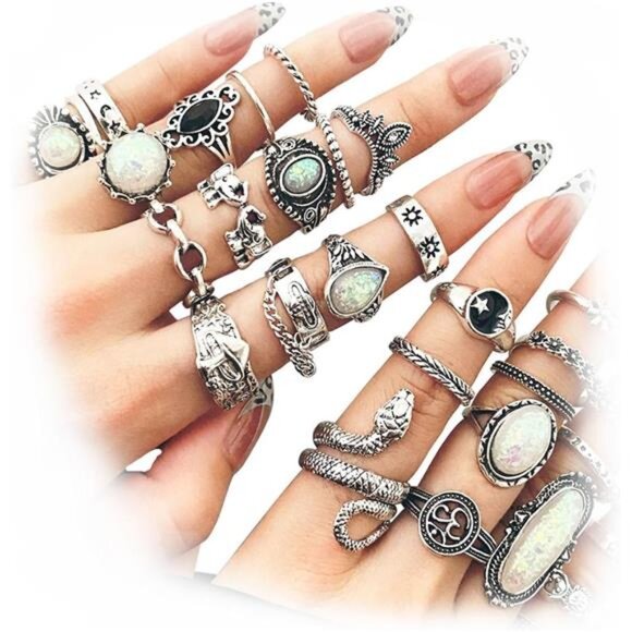 Vintage Silver Knuckle Rings Set for Women - Chunky Aesthetic Snake Grunge - Picture 2 of 8